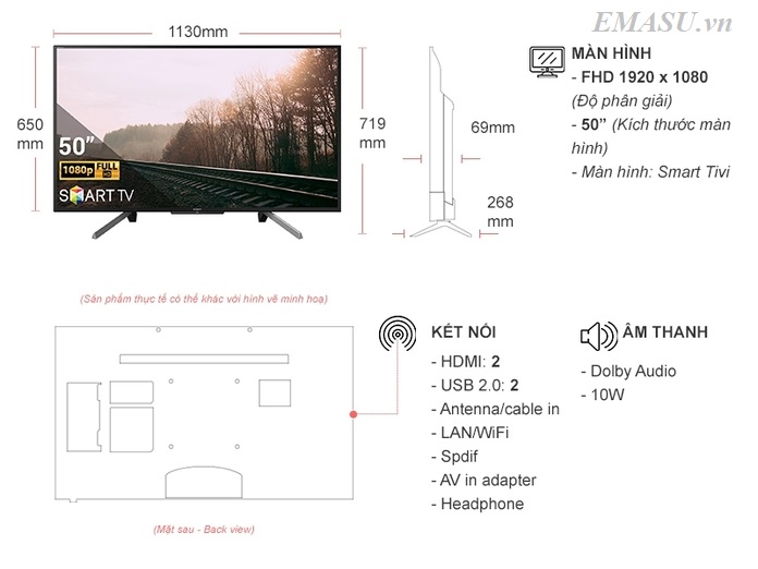Tivi Sony Smart 50 inch KDL-50W660G/Z mang thiết kế tinh tế, dáng vẻ hiện đại