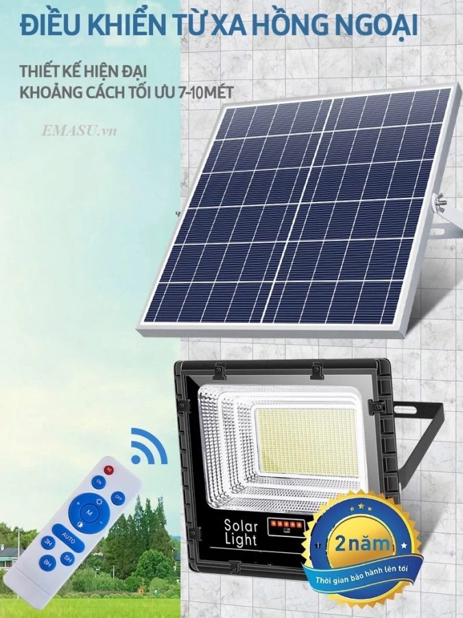 Đèn pha năng lượng mặt trời Kitawa 100W IP67 DP1100 tích hợp điều khiển từ xa thuận tiện