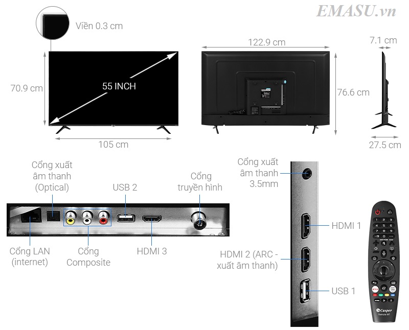 Thông số kỹ thuật Smart Tivi Casper 55 Inch 4K UHD 55UG6000