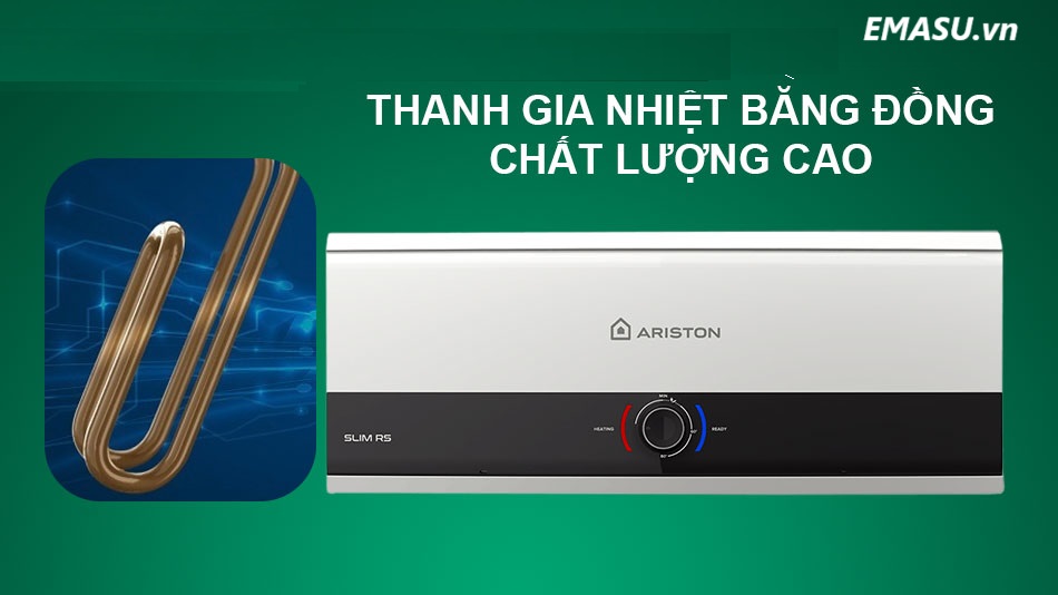 Bình nóng lạnh Ariston 15 lít thế hệ mới thanh gia nhiệt bằng đồng được tráng men titan giúp ngăn ngừa tình trạng đóng cặn.