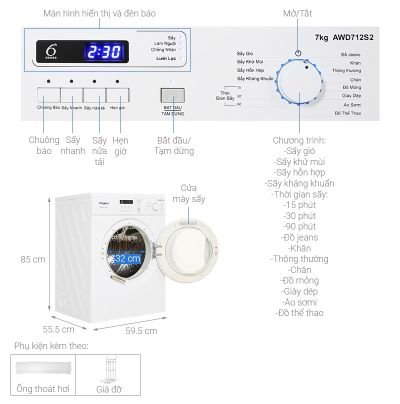 Thông số kỹ thuật máy sấy Whirlpool model AWD712S2 