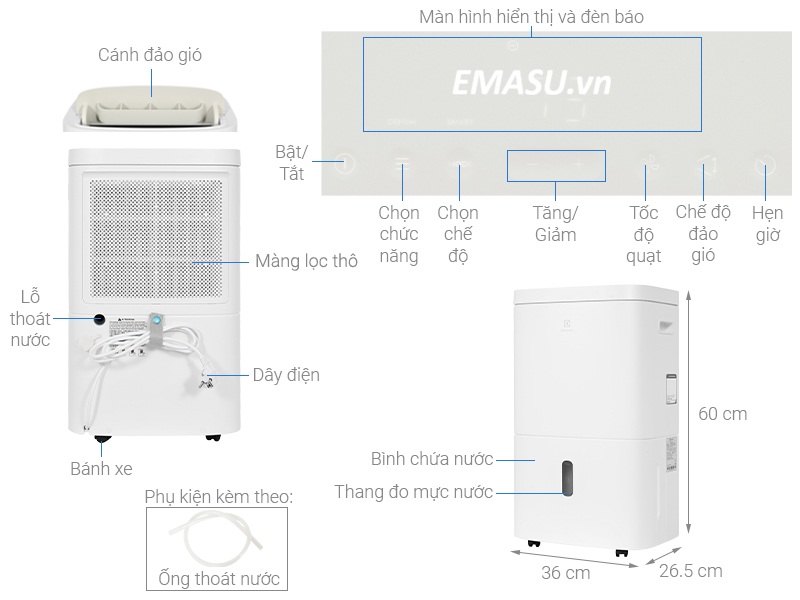 Mô tả các nút trên máy hút ẩm Electrolux EDH10TRBW1